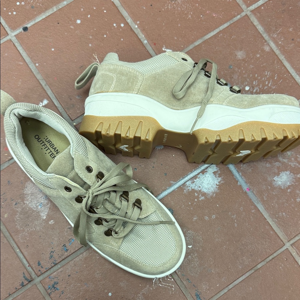 Urban Outfitters Tan Suede Platform Trainers with Gum Outsole